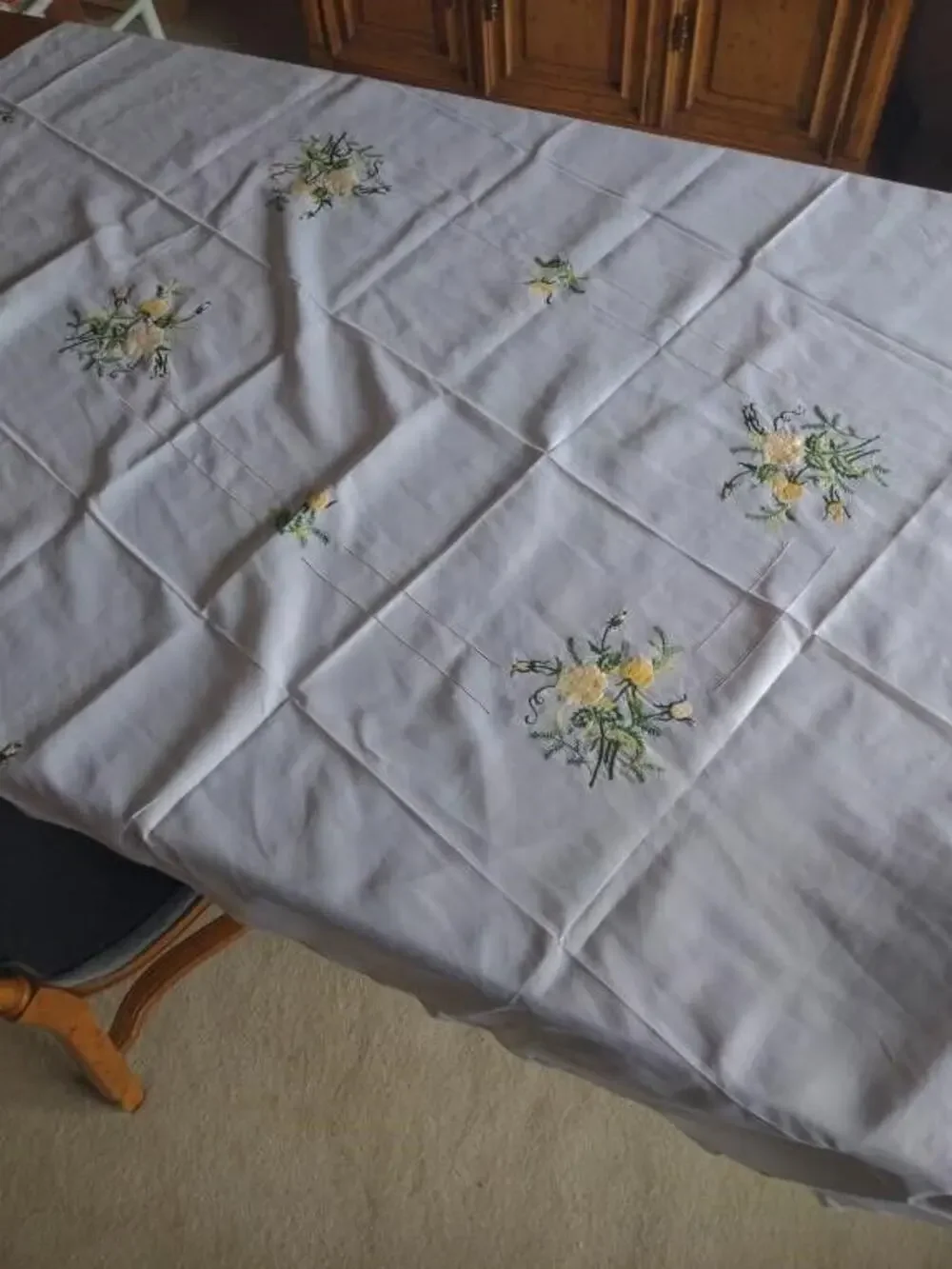 Embroidered Yellow Floral LARGE Embroidered Tablecloth 76
